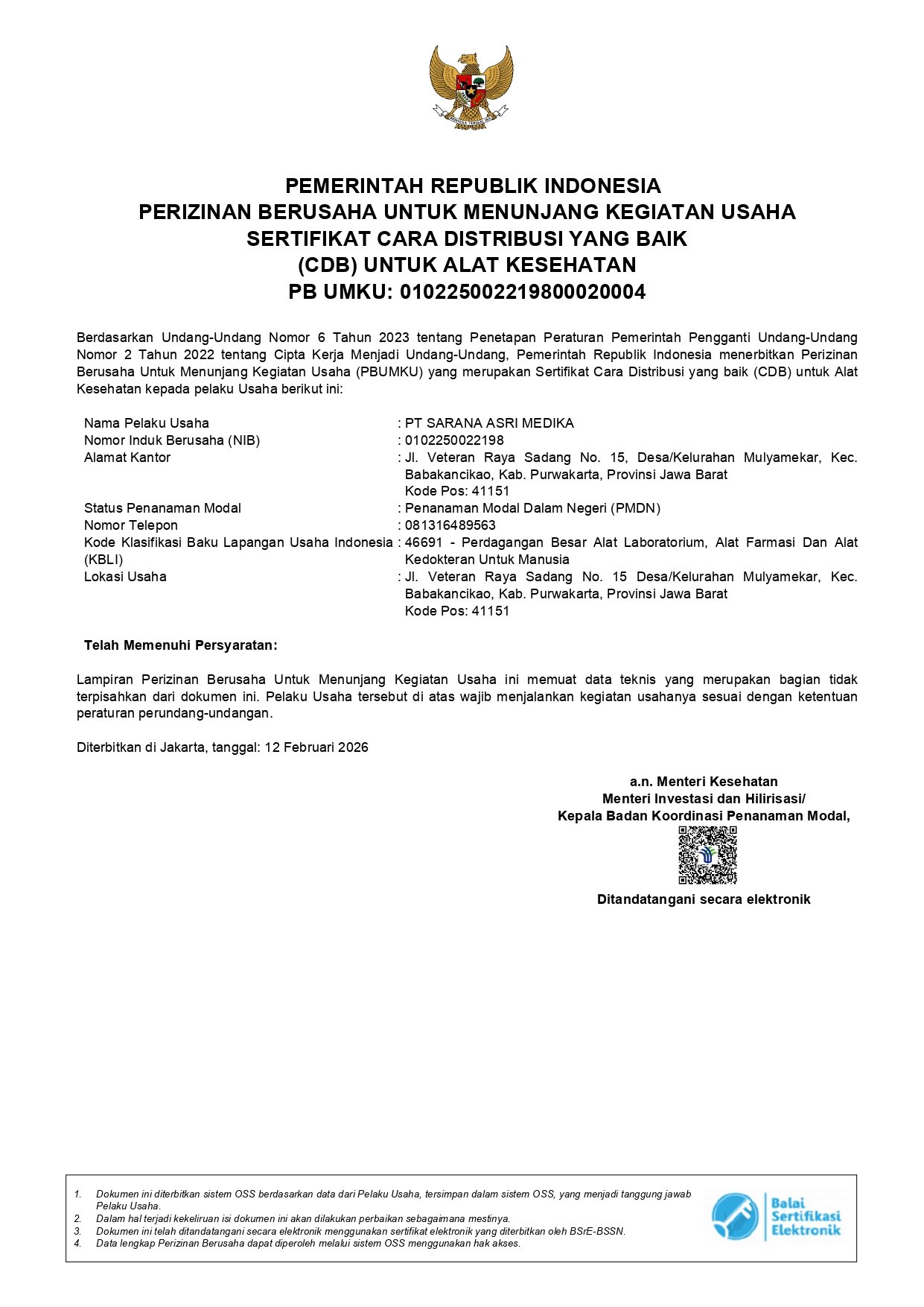 Sertifikat CDAKB PT Sarana Asri Medika Distributor dan Supplier Alat Kesehatan (ALKES) Purwakarta Subang Karawang Jawa Barat Indonesia Sarana Ari Medika