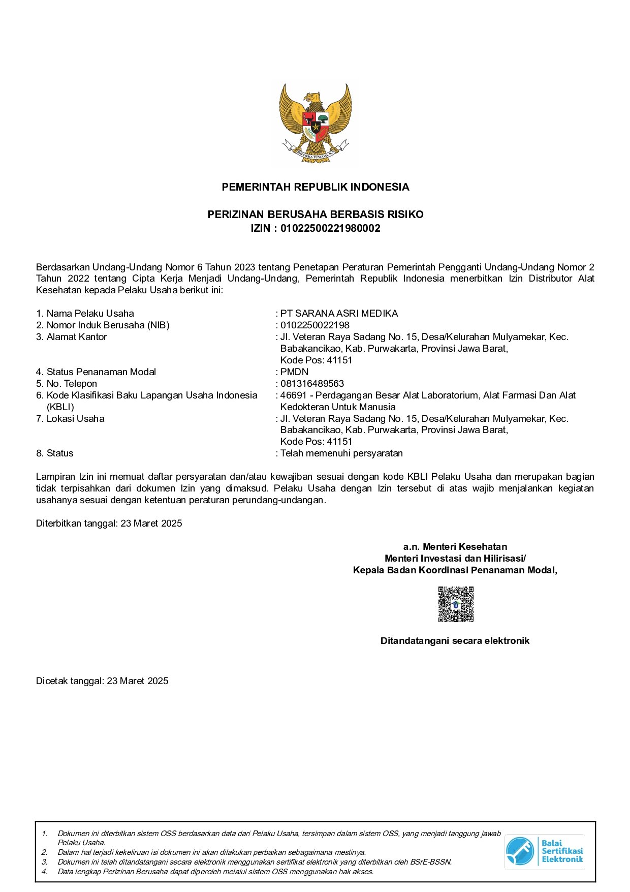 Sertifikat CDB PT Sarana Asri Medika Distributor dan Supplier Alat Kesehatan (ALKES) Purwakarta Subang Karawang Jawa Barat Indonesia Sarana Ari Medika